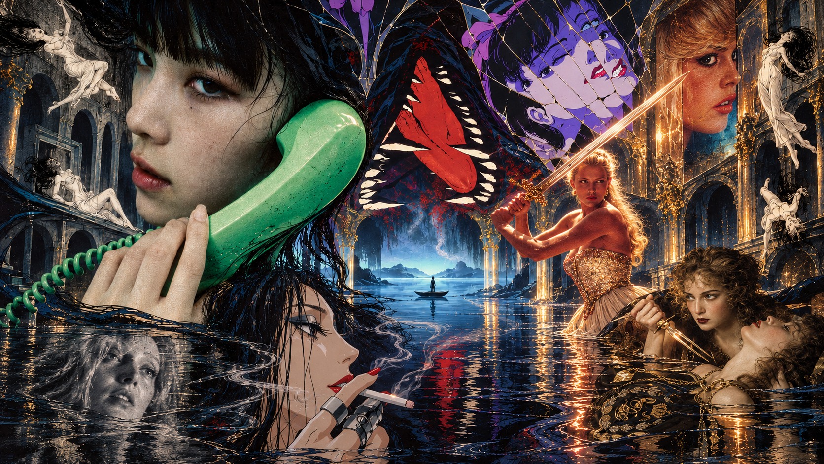 A surreal dreamscape of a woman with an emerald telephone, a golden sword bearer, floating figures and mirrored faces surrounding a tiny boat on a luminous blue lake.